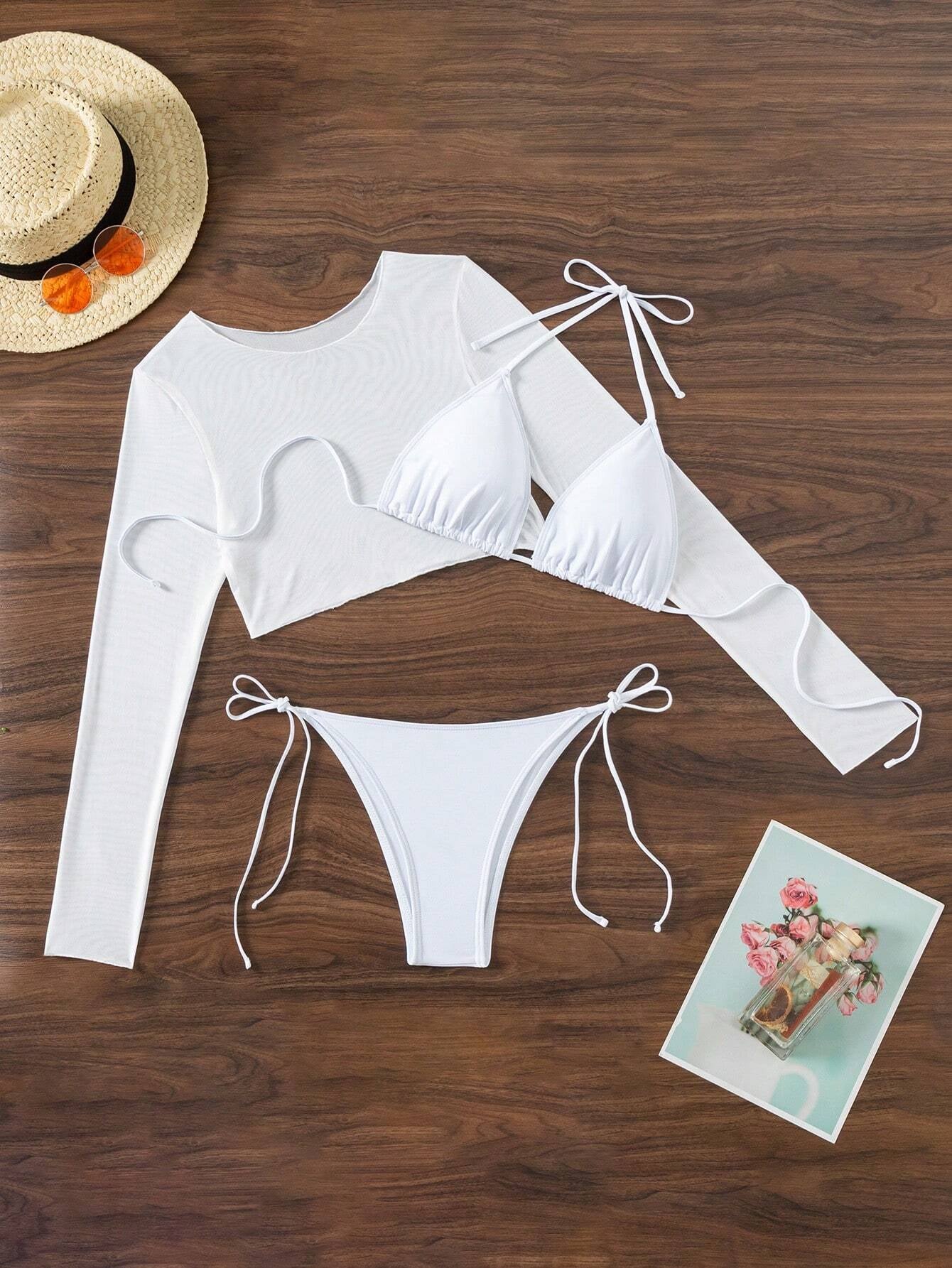 Swim Summer Beach 3Packs Solid Halter Triangle Bikini & Cover up Top