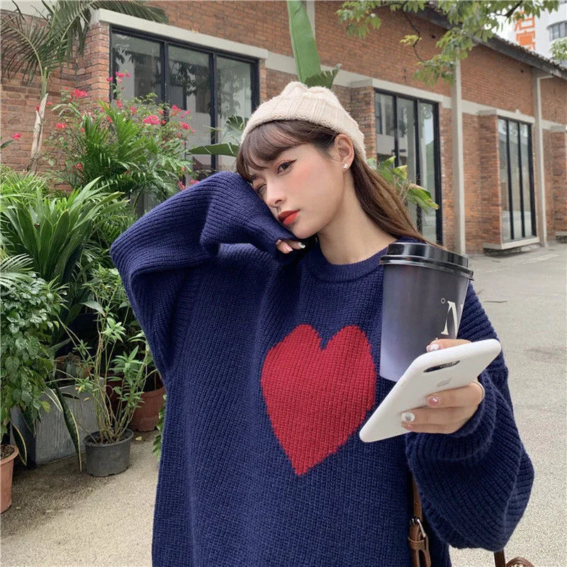 2021 Winter New Sweet Heart-Shaped Pattern Sweater Vintage Harajuku Style Full Sleeve Pullovers Loose Knitting Casual Sweater