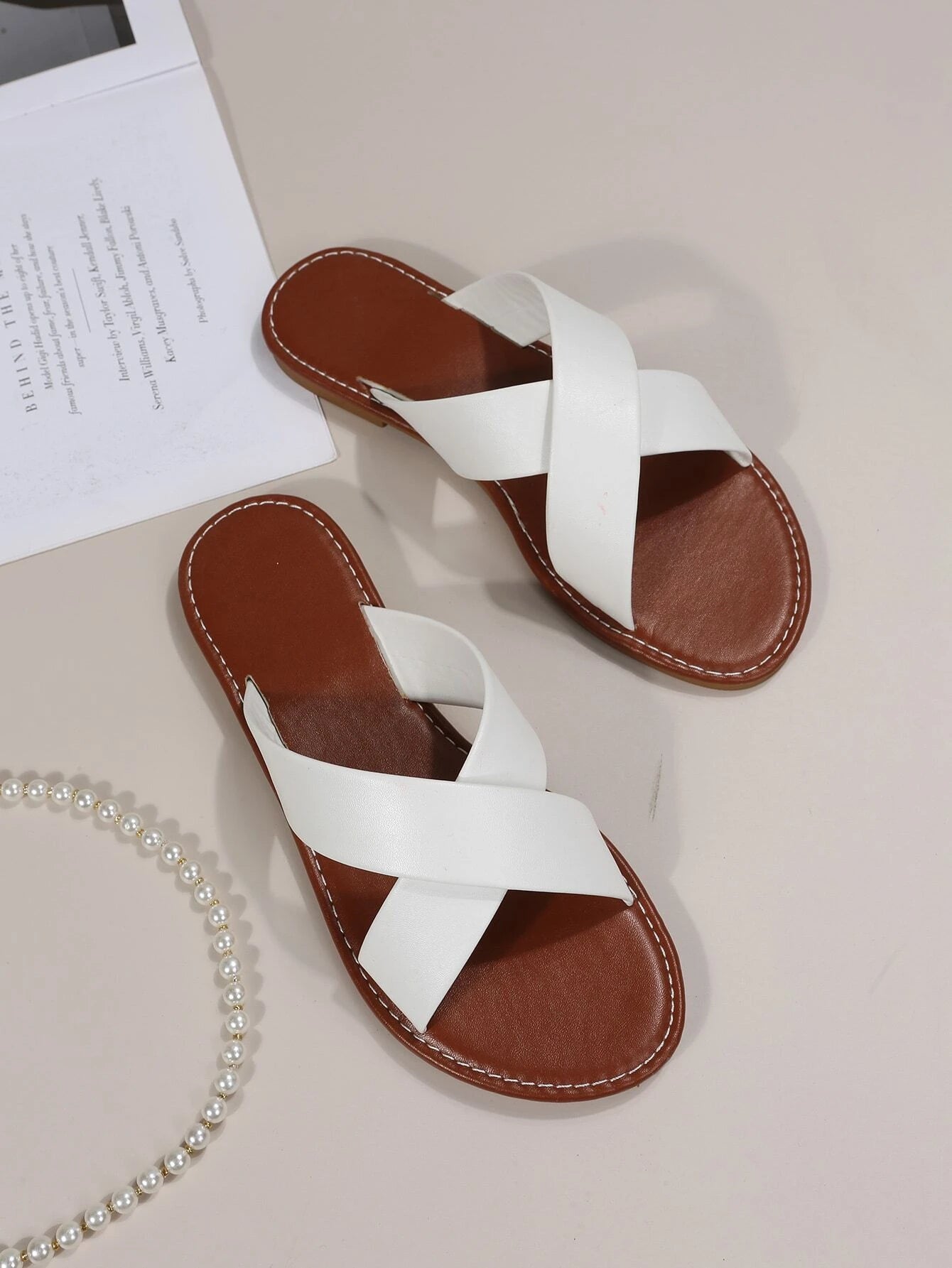 Elegant White Slide Sandals for Women, Minimalist Cross Strap Sandals