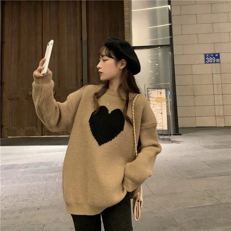 2021 Winter New Sweet Heart-Shaped Pattern Sweater Vintage Harajuku Style Full Sleeve Pullovers Loose Knitting Casual Sweater