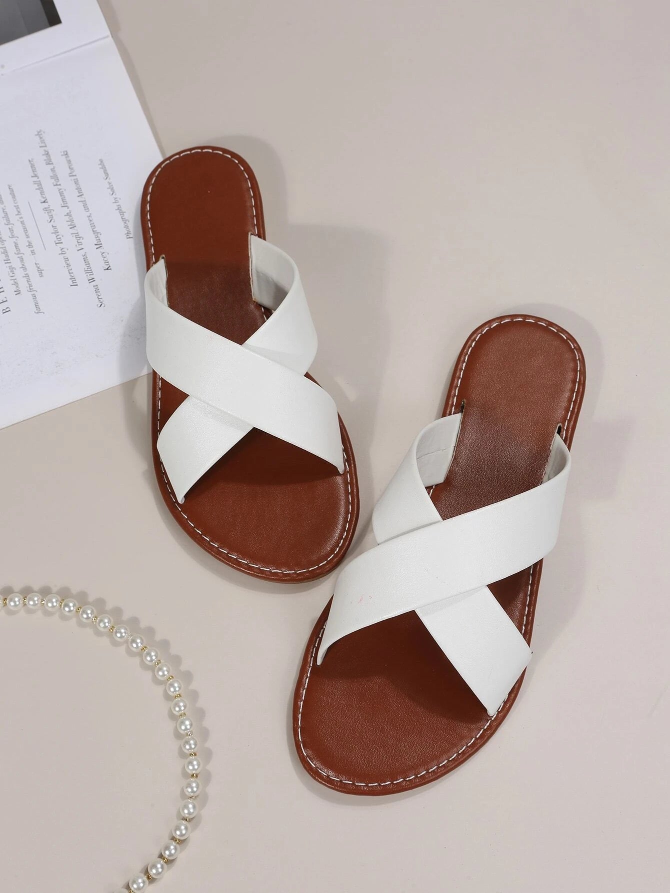 Elegant White Slide Sandals for Women, Minimalist Cross Strap Sandals