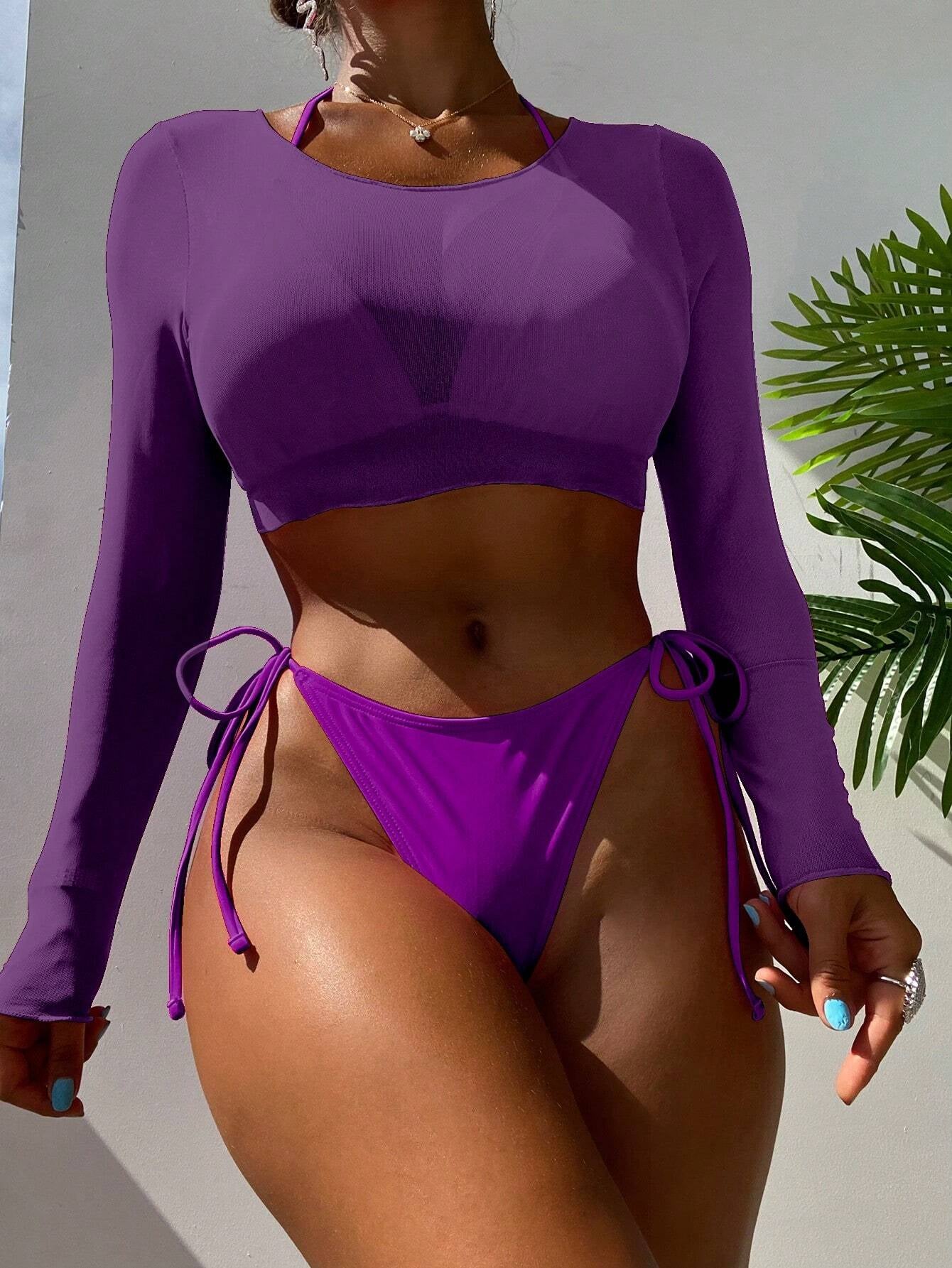 Swim Summer Beach 3Packs Solid Halter Triangle Bikini & Cover up Top