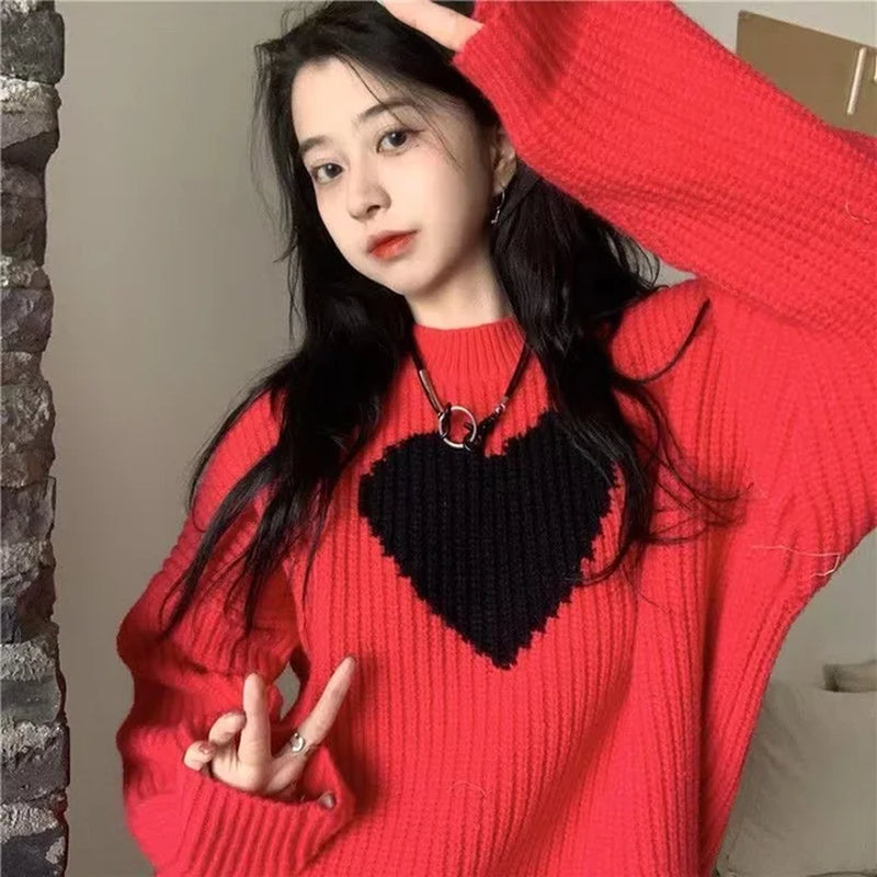 2021 Winter New Sweet Heart-Shaped Pattern Sweater Vintage Harajuku Style Full Sleeve Pullovers Loose Knitting Casual Sweater
