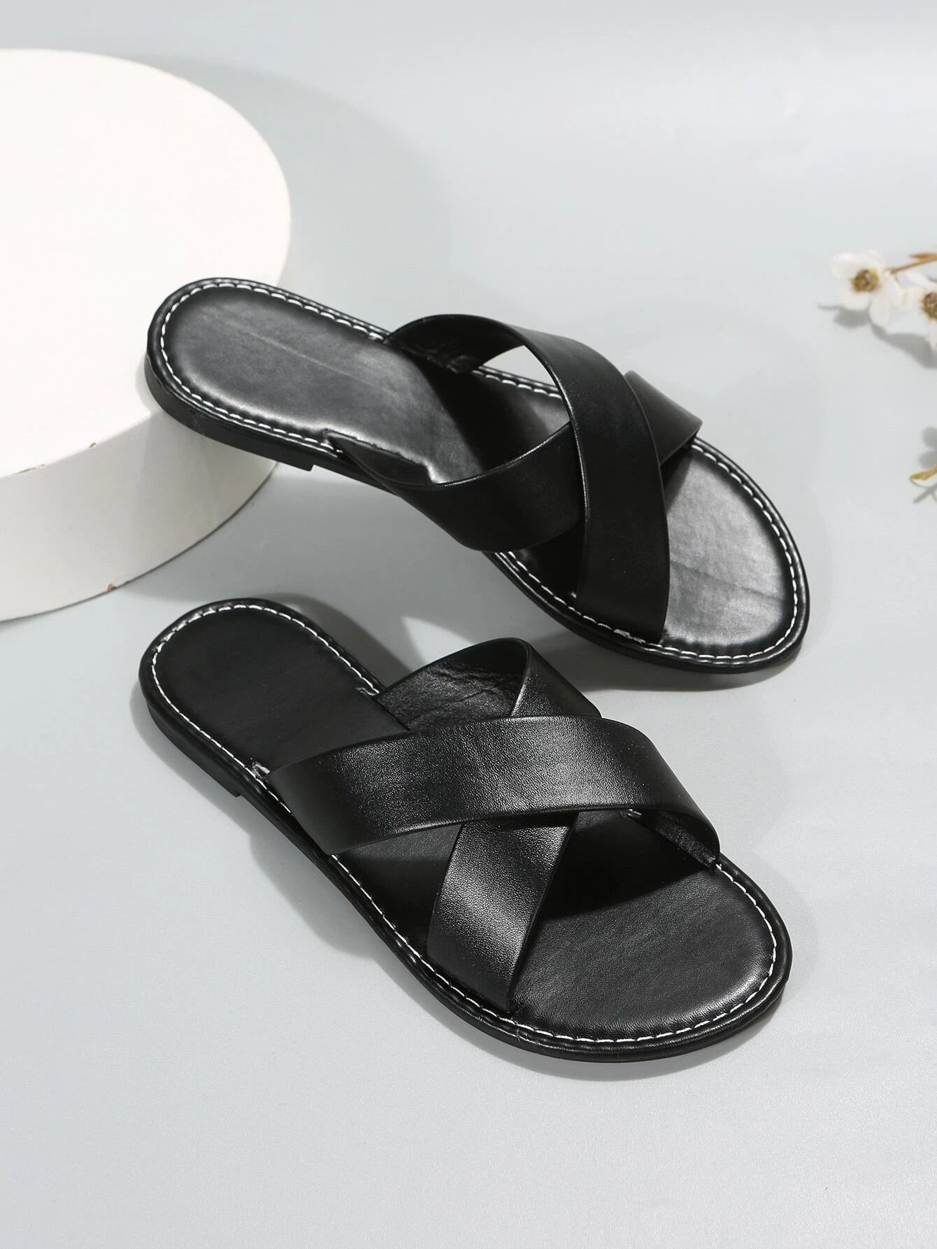 Elegant White Slide Sandals for Women, Minimalist Cross Strap Sandals
