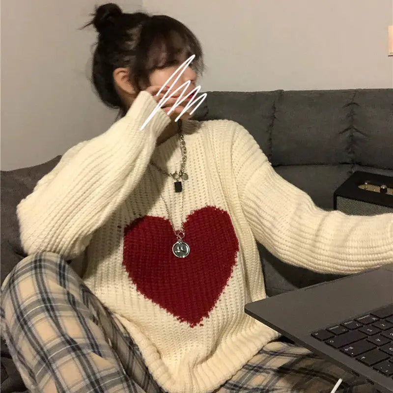2021 Winter New Sweet Heart-Shaped Pattern Sweater Vintage Harajuku Style Full Sleeve Pullovers Loose Knitting Casual Sweater
