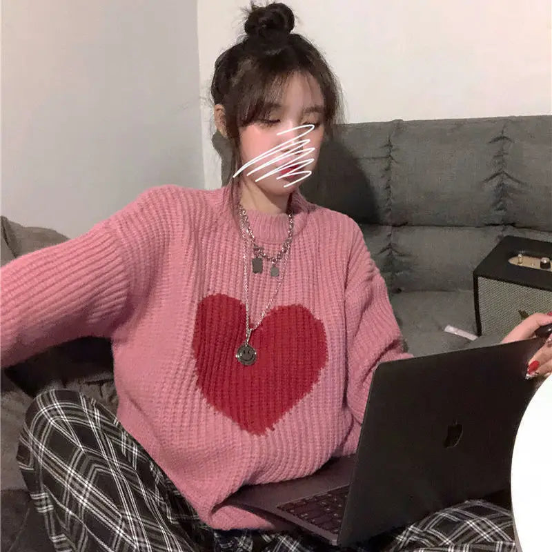 2021 Winter New Sweet Heart-Shaped Pattern Sweater Vintage Harajuku Style Full Sleeve Pullovers Loose Knitting Casual Sweater