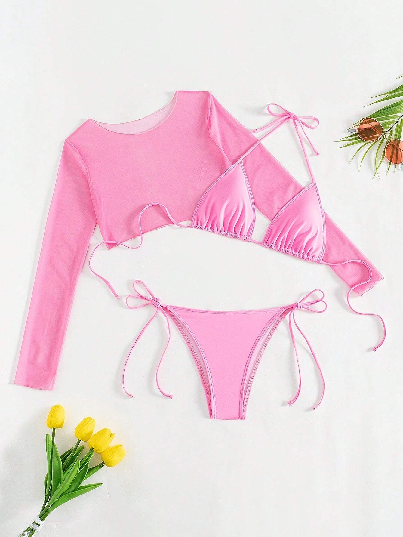 Swim Summer Beach 3Packs Solid Halter Triangle Bikini & Cover up Top