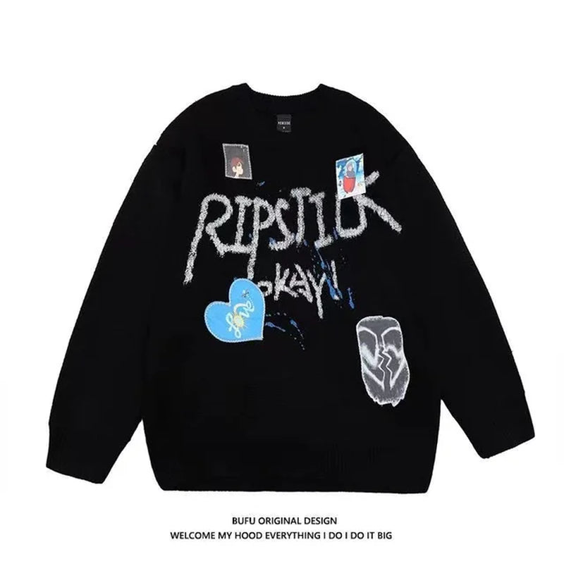 2021 Winter New Sweet Heart-Shaped Pattern Sweater Vintage Harajuku Style Full Sleeve Pullovers Loose Knitting Casual Sweater