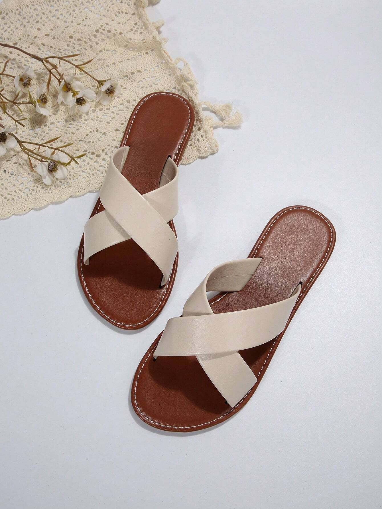 Elegant White Slide Sandals for Women, Minimalist Cross Strap Sandals