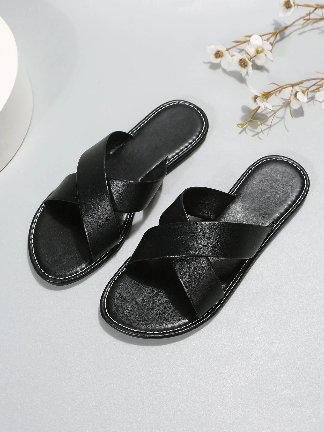 Elegant White Slide Sandals for Women, Minimalist Cross Strap Sandals