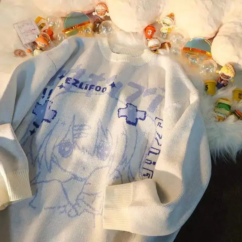 2021 Winter New Sweet Heart-Shaped Pattern Sweater Vintage Harajuku Style Full Sleeve Pullovers Loose Knitting Casual Sweater