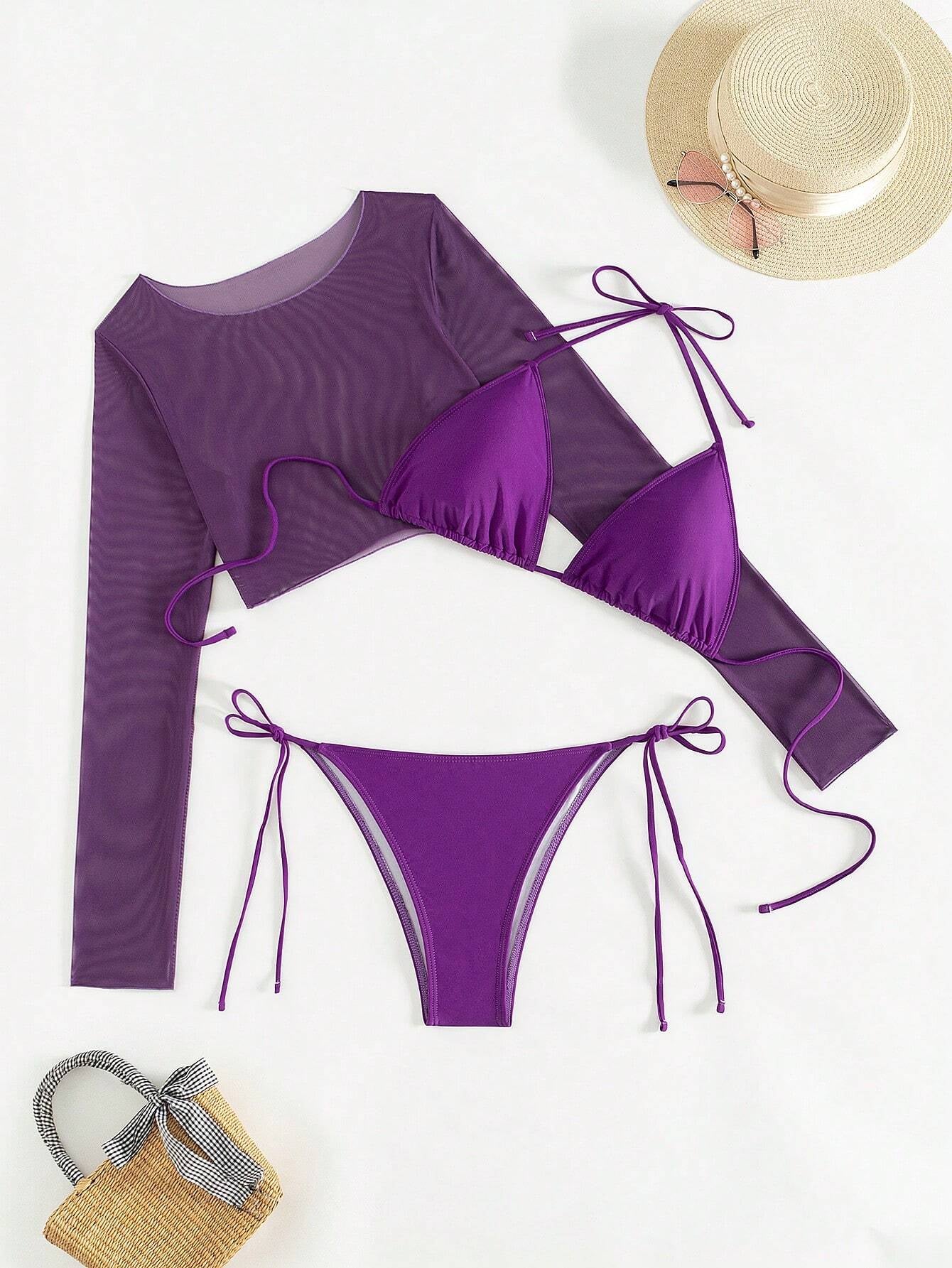 Swim Summer Beach 3Packs Solid Halter Triangle Bikini & Cover up Top