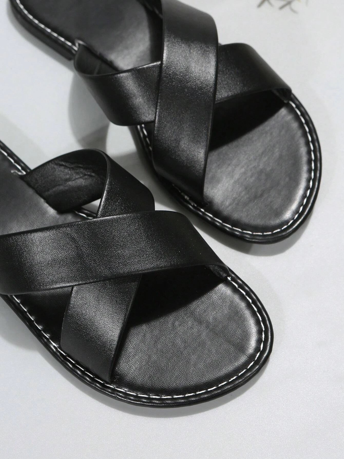 Elegant White Slide Sandals for Women, Minimalist Cross Strap Sandals