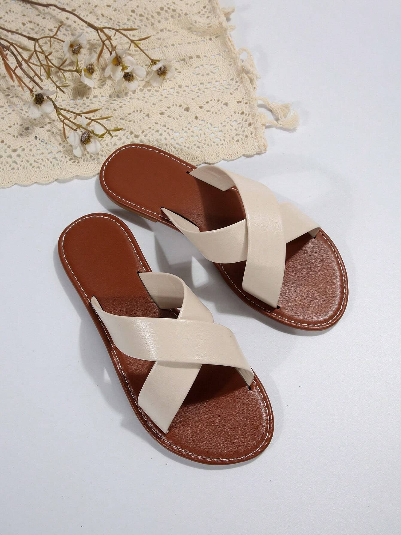 Elegant White Slide Sandals for Women, Minimalist Cross Strap Sandals