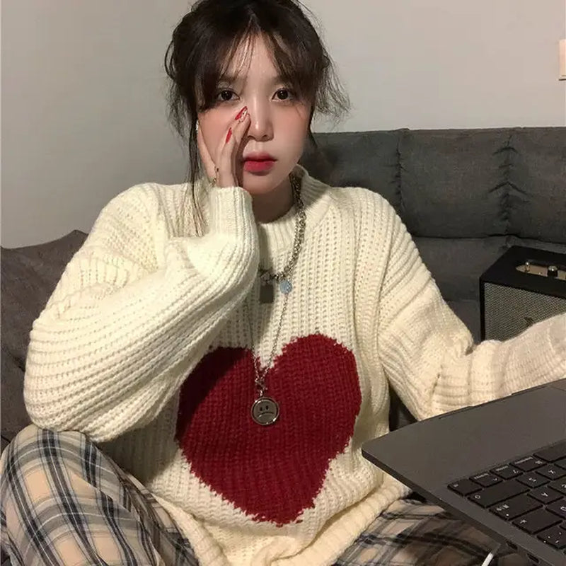 2021 Winter New Sweet Heart-Shaped Pattern Sweater Vintage Harajuku Style Full Sleeve Pullovers Loose Knitting Casual Sweater